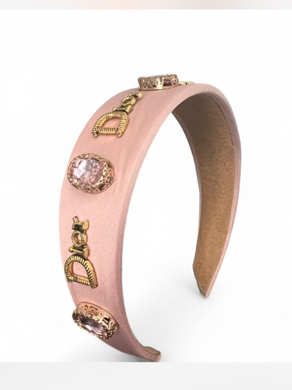 Embellished Pink Satin Headband with Gold Accents